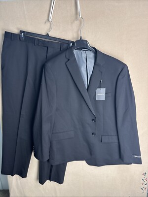 Claiborne NWT Men's 2 Piece Suit 52R Solid Black Two Buttons Wool Blend Stretch