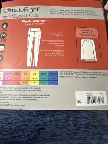 Climate Right By Cuddl Duds Base Layer Plush Warmth Frigid Legging XS Blue NEW