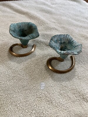 Pair 2 Solid brass verdigris Petunia, flower tea light candle holders￼ India 2x3