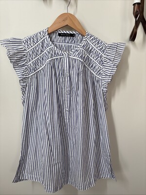 Anthropologie Magali Pascal Ruffle Sleeve Striped Silk Blend Women Medium Top.