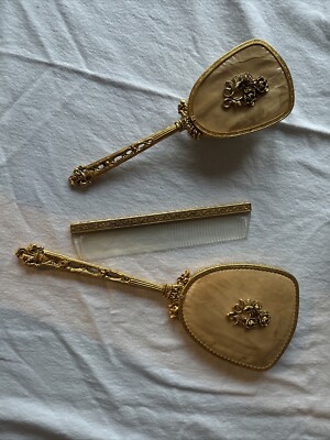 Vintage Stylebuilt Accessories 24K GOLD PLATED New York  Rose Mirror Brush Set