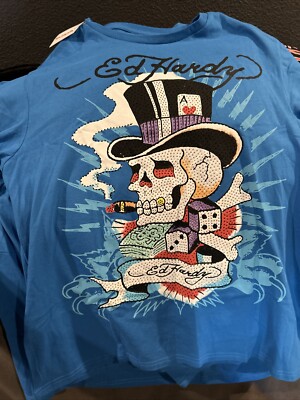 Ed Hardy Mens Short Sleeve Shirt Capri Blue Skull Dice Rhinestone 2 Sided