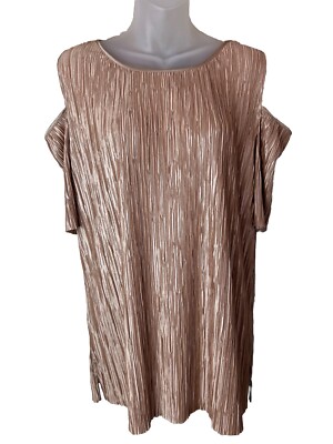 Chico's Travelers Micro-Pleat Cold-Shoulder Top Sz 2 Gold Shimmer Wrinkle Free