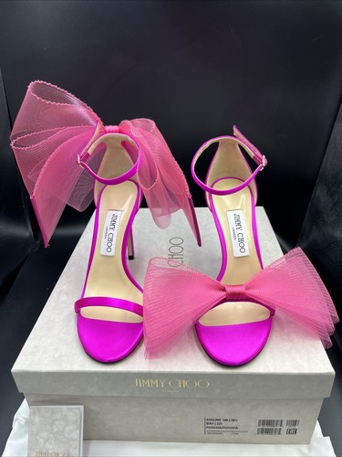 Jimmy Choo 'Aveline' 100 Fuchsia Pink Satin Heels Bow Uk 5.5