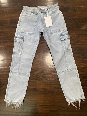 NWT! KanCan Tapered Cargo Style Jeans High Rise Sz 0/23 Stretch Distressed Crop