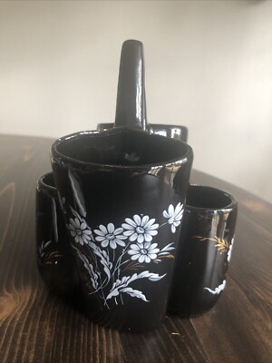Vintage Hand Painted Black Ceramic 4 Bud Planter Utensil Holder Unique 