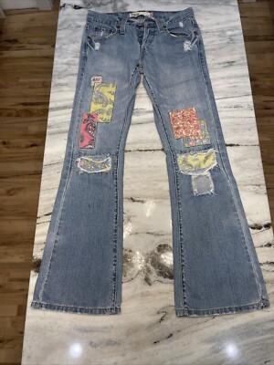 LEVIS 513 Slouch Boot Cut Jeans 1M Distressed Button Up Patches Faded (26x28)