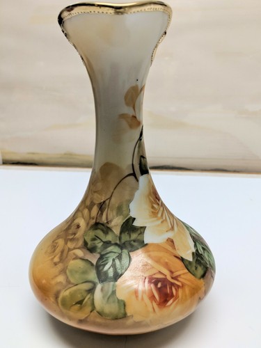 Tall Hand Painted Porcelain Ewer Pitcher Roses Gold Accents Unmarked 9 1/2
