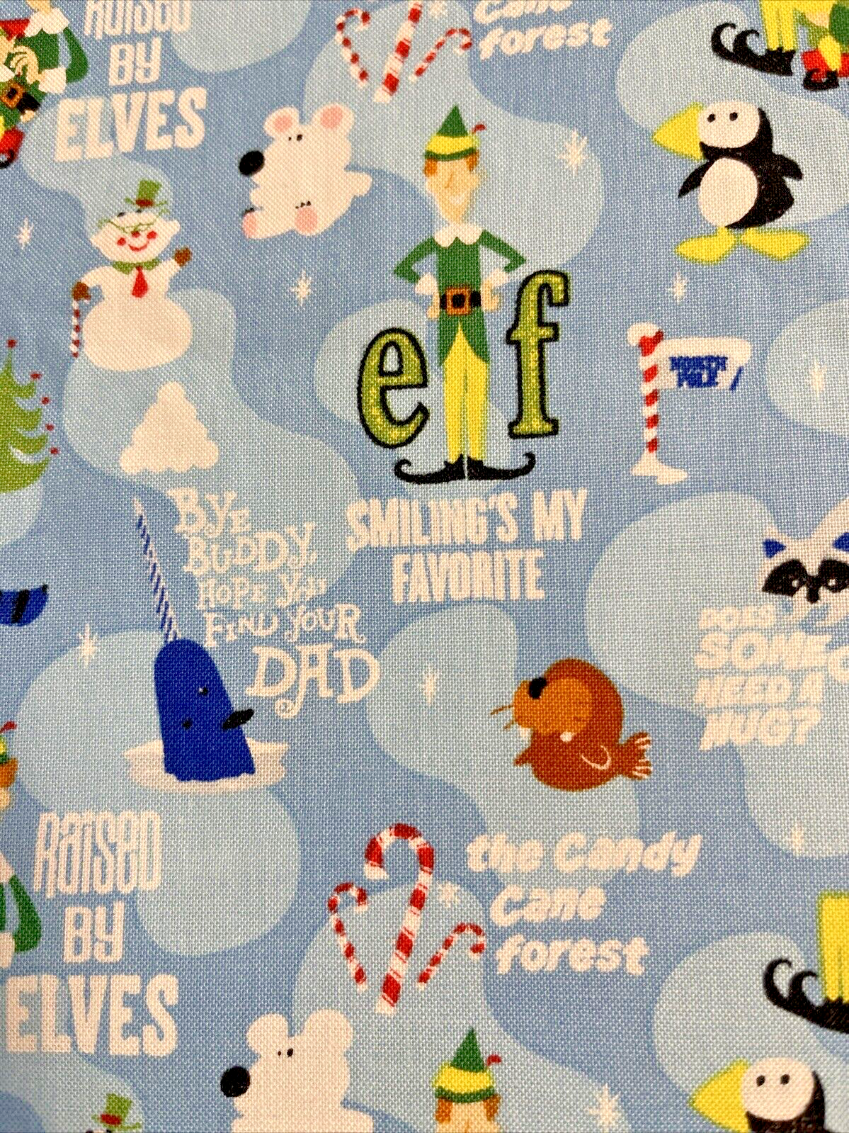 buddy-elf-movie-quotes-fabric-cotton-christmas-rare-blue-bthy-find-dad-vignettes-ebay