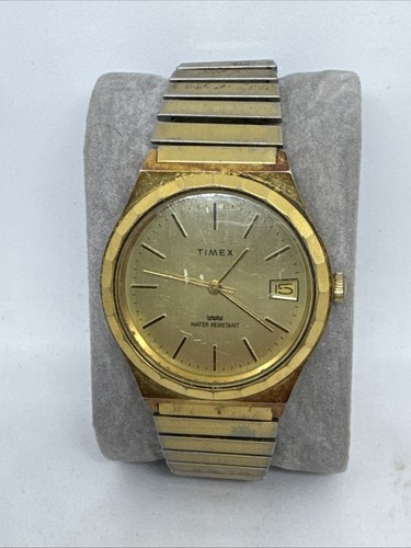 Vtg Timex Watch Men 40MM Gold tone Date Wtr Resistant