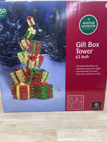 Winter Wonder Lane Gift Box Tower 63” Christmas Yard Decor 450 Lights BEAUTIFUL!