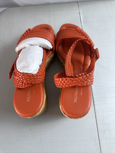 Pre-owned Paloma Barceló Paloma Barcelo Masie Braided Raffia /leather Espadrille Wedge Sandals Eu37/us6.5 In Red
