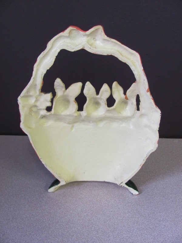 Cast Iron 3 Bunny Rabbits In Basket Doorstop, Vibrant Colors