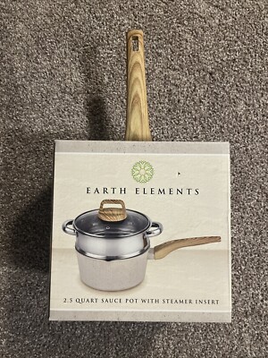 Earth Elements 2.5 Quart Sauce Pot w/ Steamer Insert Cream, Gray Speckle EE20S01