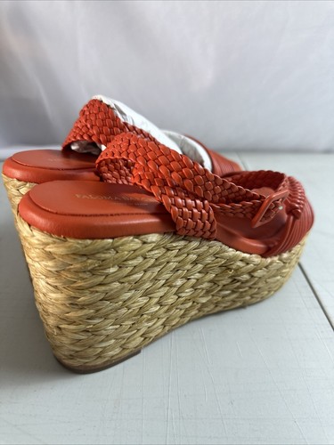 Pre-owned Paloma Barceló Paloma Barcelo Masie Braided Raffia /leather Espadrille Wedge Sandals Eu37/us6.5 In Red