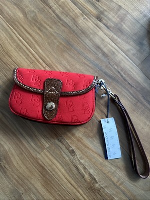 New Dooney & Bourke Red Signature Canvas Leather Flap Wristlet Wallet Mini Purse