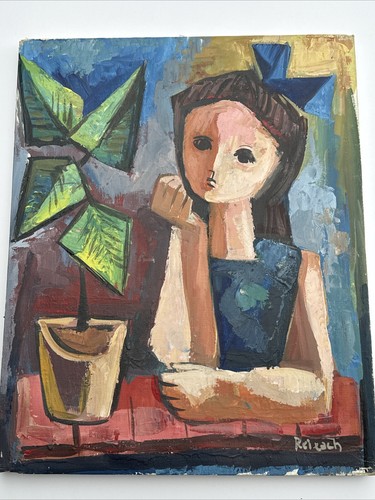 MID CENTURY PAINTING CUBISM MODERNISM PORTRAIT SIGNED REIXACH EXPRESSIONISM GIRL