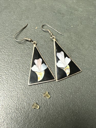 Vintage Alpaca Mexico Earrings Inlaid Mother of Pearl