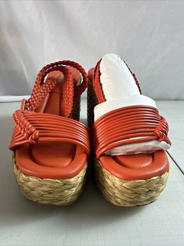 Pre-owned Paloma Barceló Paloma Barcelo Masie Braided Raffia /leather Espadrille Wedge Sandals Eu37/us6.5 In Red