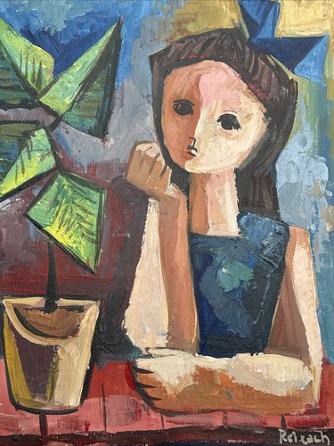MID CENTURY PAINTING CUBISM MODERNISM PORTRAIT SIGNED REIXACH EXPRESSIONISM GIRL