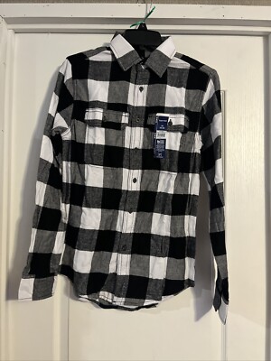 George Flannel XS Shirt White Buffalo Plaid Cotton  Classic Button-Up NWT