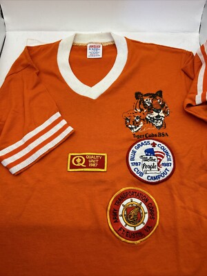 Vintage L 14-16 Tiger Cubs BSA Boy Scouts Official Orange T-Shirt USA Single Sti