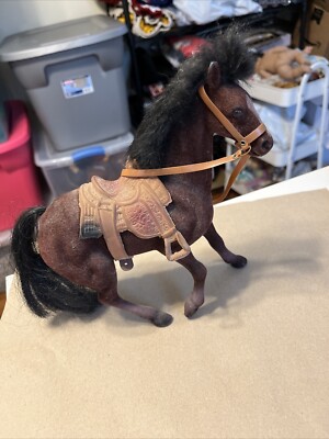 Vintage Flocked Brown Horse With Saddle Reins Western Cowboy Equestrian Toy Pony