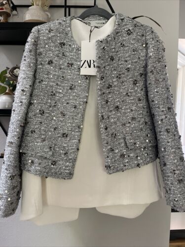 ZARA ZW COLLECTION SEQUIN JACKET SILVER NEW SS24 SIZE XS,S,M