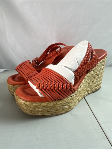 Pre-owned Paloma Barceló Paloma Barcelo Masie Braided Raffia /leather Espadrille Wedge Sandals Eu37/us6.5 In Red