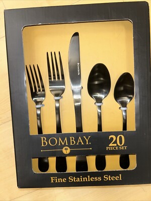 NIB BOMBAY FINE STAINLESS STEEL BLACK 20 PIECE GENEVA FLATWARE SET SERVICE FOR 4