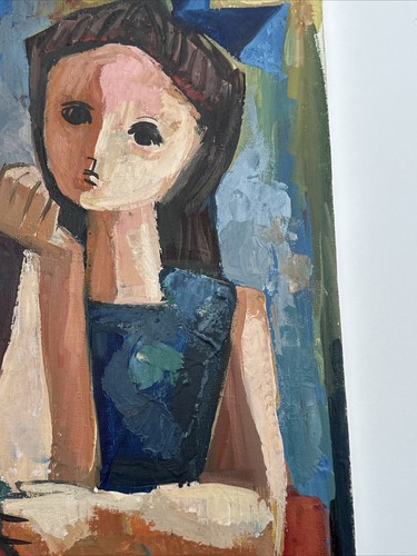 MID CENTURY PAINTING CUBISM MODERNISM PORTRAIT SIGNED REIXACH EXPRESSIONISM GIRL