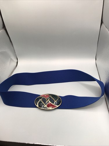 Vtg 80s Blue Stretch Belt With Oval Enamel Blue, Red, Gold