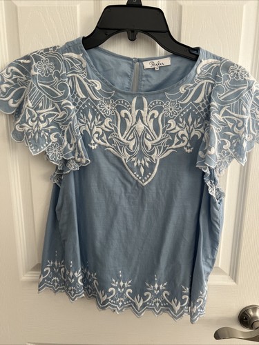 Parker Light Denim Blue & White Floral Embroidery Flutter