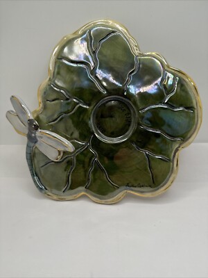 2004 Blue Sky Clayworks Dragonfly Lily pad Tea Light Candle holder / Signed