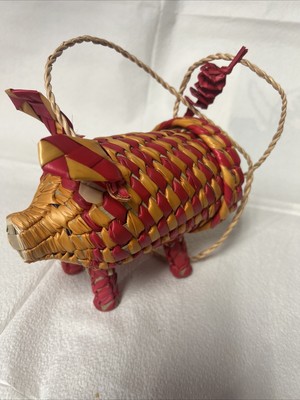 Mexican Hand Woven Natural Palm Straw Pig Purse Crossbody Bag 8 x8 x5  - Red
