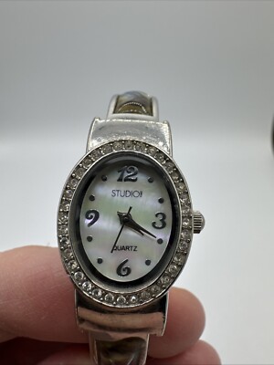 Vintage Studio Watch Silver Tone Abalone Inlay Cuff Style Band Hinged Tested Z6