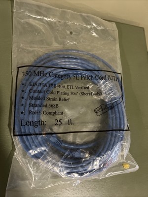 New 25 ft 350 MHz Category 5E Patch Cord UTP Cable EIA/TIA TSB-40A ETL Vertified