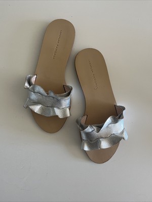Loeffler Randall Metallic Silver Sandals Slides Ruffle Ric Rac Women s Size 7