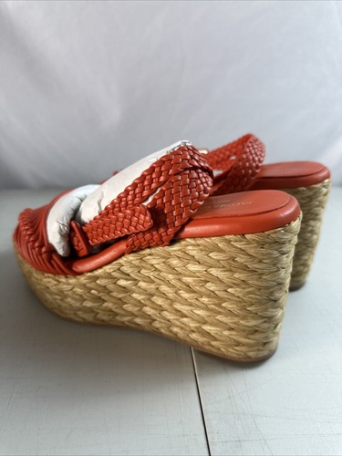 Pre-owned Paloma Barceló Paloma Barcelo Masie Braided Raffia /leather Espadrille Wedge Sandals Eu37/us6.5 In Red