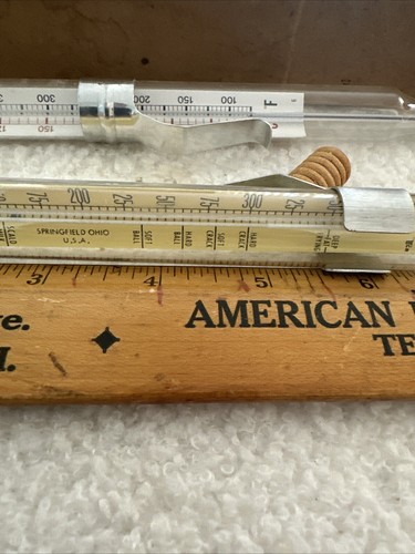 Vtg Candy / Deep Fry Glass Thermometer Lot 2 Springfield Ohio ~ NOS W Box 8-3/8"
