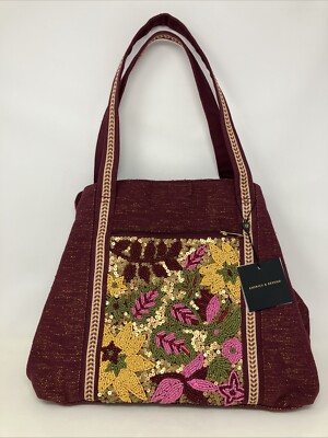 NEW AMERICA & BEYOND MAROON TRIPLE ENTRY EMBELLISHED SHOULDER BAG