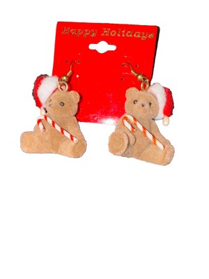 Vintage Light Brown Flocked Teddy Bear Earrings Made In Taiwan