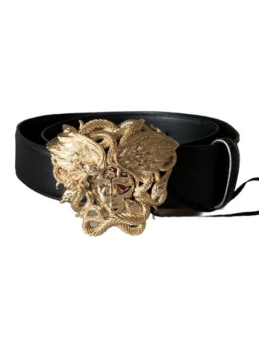 VERSACE Men's GOLD MEDUSA LARGE BUCKLE Black Leather BELT