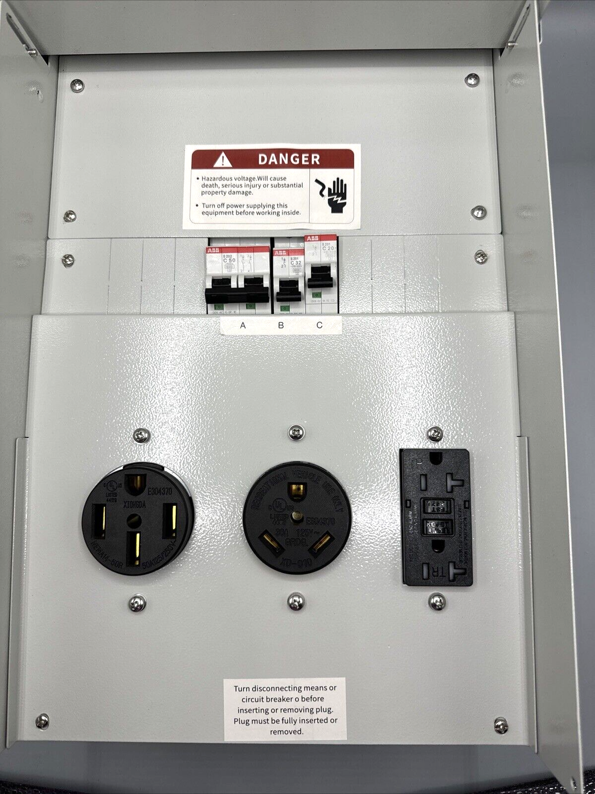 Temporary Power Outlet Panel, RV Electrical 20 30 and 50-Amp Receptacle