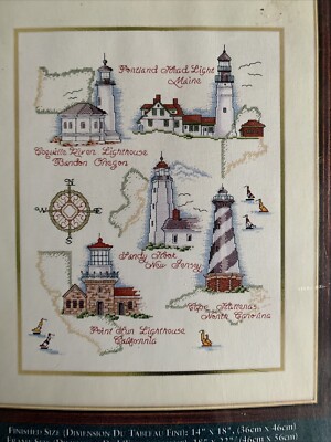 Historic Lighthouses Cross Stitch Kit NIP 14x18 Sandy Hook Hattaras Point Sun