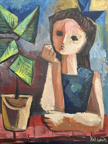 MID CENTURY PAINTING CUBISM MODERNISM PORTRAIT SIGNED REIXACH EXPRESSIONISM GIRL