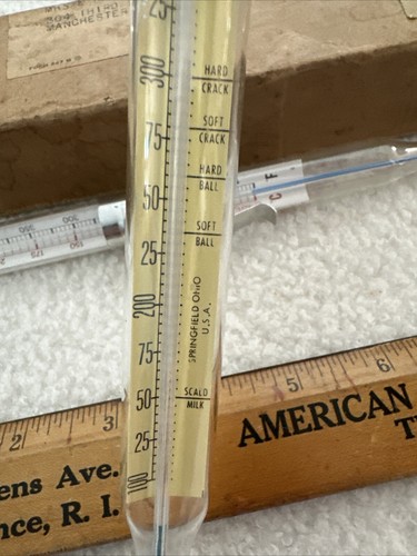 Vtg Candy / Deep Fry Glass Thermometer Lot 2 Springfield Ohio ~ NOS W Box 8-3/8"