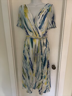DKNY Womens White Lined Flutter Sleeve Below The Knee Faux Wrap Dress Size 8