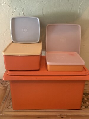 Lot of Tupperware Large Canister Orange Bread Box Keeper, 4 Smaller Lunch Sizes