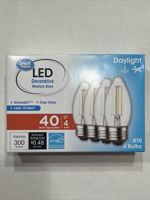 Great Value Decorative Medium Base Daylight 40Watt 4 Bulbs B10 Dimmable
